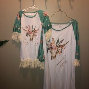 Mommy & Me-Teal Boho Skull Tunic Adult 3X, Kid 4/6